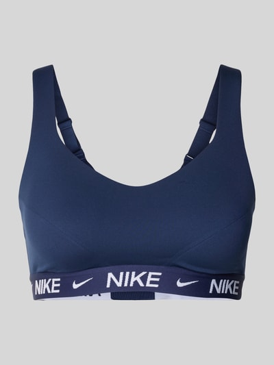 Produktfoto, Slim Fit sport-BH mit Logo-Detail Modell 'Indy' von NIKE TRAINING aus Elastischer-Material-Mix in Dunkelblau, weißes Logo-Detail, verstellbare Träger