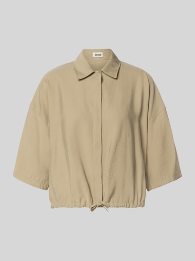 Produktfoto, blouse met tunnelkoord aan de zoom model 'LAINAY' van Drykorn, dames, modalmix, loose fit, overhemdkraag, beige, structuur.