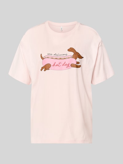 Produktfoto, Regular Fit T-Shirt aus reiner Baumwolle Modell 'VIVVI' von Only in Rosa mit buntem Motiv-Print, kurzarm, Jersey-Oberfläche.