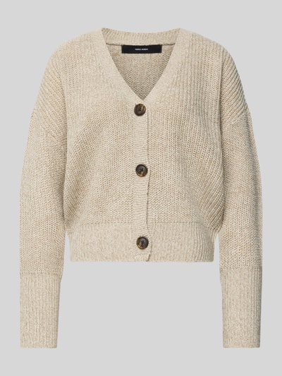 Productfoto, beige gemêleerde Relaxed Fit Strickjacke met V-hals Modell 'LEA' van Vero Moda, gebreid materiaal, knoopsluiting, geribde boorden.