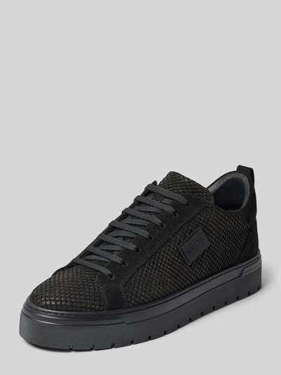 Produktfoto, Sneaker aus echtem Leder mit Strukturmuster von Antony Morato in Schwarz, abgerundete Passform, Logo-Detail, strukturierte Oberfläche, Absatzhöhe 4 cm, Schafthöhe 9 cm, Schaftweite 11 cm