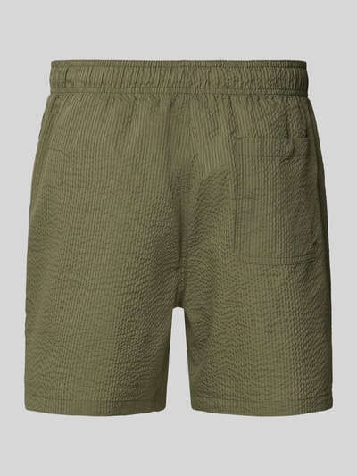 Produktfoto, Badehose mit Baumwoll-Anteil Modell 'COOPER' von SELECTED HOMME in Olivgrün mit Struktur, Optik: Allover-Muster, Gesäßtasche, elastischer Bund mit Tunnelzug, Eingrifftaschen.