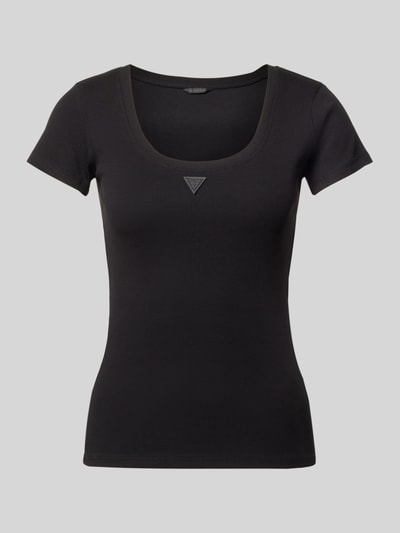 Produktfoto, Slim Fit T-Shirt mit Logo-Applikation von Guess aus elastischem Baumwoll-Mix in Schwarz mit Rundhalsausschnitt und 52 cm Rückenlänge bei Größe S