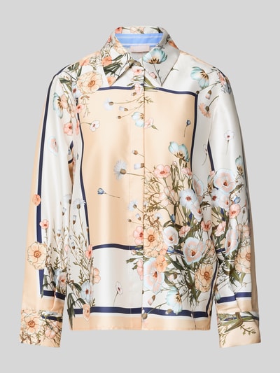 Produktfoto, Bluzka koszulowa Relaxed Fit Hemdbluse mit floralem Allover-Print von Liu Jo White z satyny, kwiatowy nadruk na całej powierzchni, kołnierzyk koszulowy, długi rękaw, nadruk z logo, listwa guzikowa, sportowe mankiety, długość tyłu w rozmiarze 36: 64 cm, długość rękawów w rozmiarze 36: 60 cm