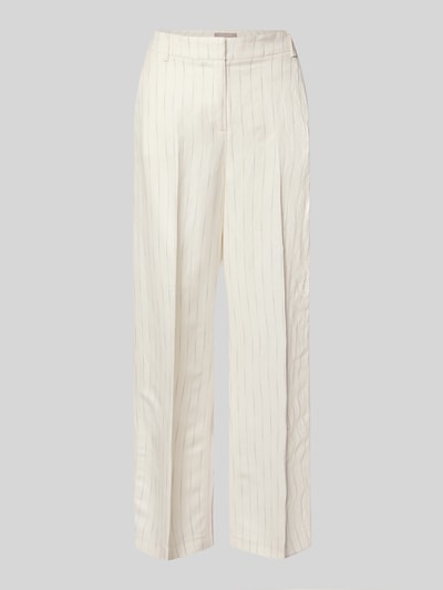 Produktfoto, Wide Fit Stoffhose mit Bügelfalten von Christian Berg Woman Selection in cremeweiß mit feinen Längsstreifen, glatte Textur, Gesäßtasche, Haken- und Reißverschluss, Bundweite 37 cm, Innenbeinlänge 70 cm.