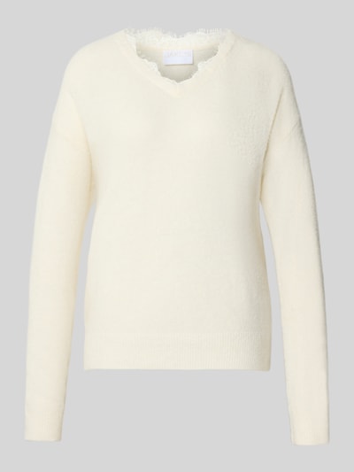 Jake*s Collection Pullover mit Spitzenbesatz am V-Ausschnitt Weiss 1