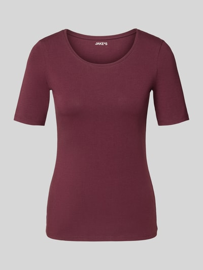 Produktfoto, Regular Fit T-shirt uit mix van modal en katoen van Jake*s Casual in wijnrood, eenvoudige gladde structuur, zonder personen.