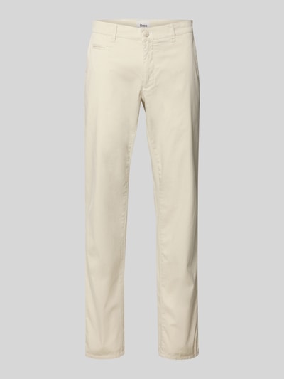 Produktfoto, Fein strukturierte Hose Modell 'Fabio' von Brax aus Baumwoll-Elasthan-Mix, Slim-Fit, mit Eingrifftaschen, beige, glatte Textur.