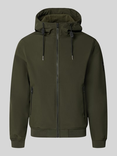 Produktfoto, Regular Fit Jacke mit Logo-Detail von JACK & JONES in Olivgrün, Softshell, glatte Textur, Kapuze, Eingrifftaschen mit Reißverschluss, elastische Abschlüsse, Herrenjacke
