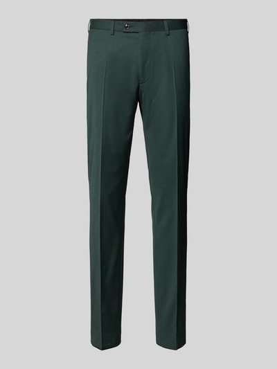 Produktfoto, dunkelgrüne Slim Fit Anzughose mit Bügelfalten Modell 'Move Apollo' von DIGEL aus Schurwoll-Elasthan-Mix, glatte Textur, Gesäßtaschen, Bundweite 35 cm, Innenbeinlänge 80 cm bei Größe 50