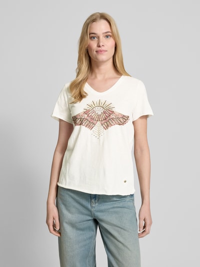 MOS MOSH T-shirt z prążkowanym dekoltem w serek model ‘Nadine’ Złamany biały 4
