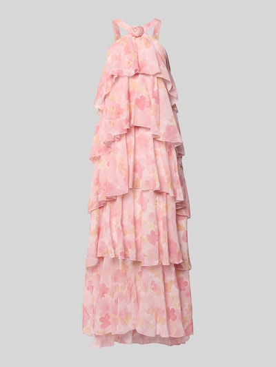 Produktfoto, Volant Abendkleid mit V-Ausschnitt Modell 'FELICIA' von Vero Moda aus unifarbenem, zart geblümtem Chiffon in Maxi-Länge