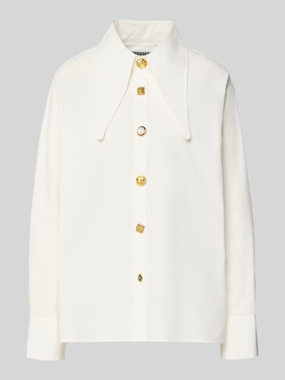 Produktfoto, Oversized Hemdbluse aus reiner Baumwolle Modell 'JOMATO' von Essentiel Antwerp, Optik: Unifarben, Passform: Oversized, Kragenform: spitzer Hemdblusenkragen, Rückenpasse mit Cacharel-Falte, Verschluss: einreihige Knopfleiste, Ärmelform: Langarm mit Manschette, Rumpfabschluss: leicht abgerundet, Material: reine Baumwolle.