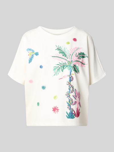 Produktfoto, Relaxed Fit T-Shirt mit Pailletten von Milano Italy aus weißem Viskose-Mix mit bunten Glitzer-Details und Rundhalsausschnitt.
