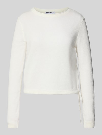 Produktfoto, biały Rundhals Pullover mit Tunnelzug von Review, luźny krój, prążkowane wykończenia, długość tyłu 52 cm, rękawy 62 cm, miękka tekstura