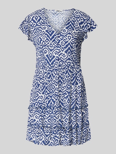 Produktfoto, Tailliertes Freizeitkleid aus reiner Viskose Modell 'CLAUDETTE' von Only mit blau-weißem Allover-Muster, Mini-Länge, V-Ausschnitt, kurzer Knopfleiste und Volantsaum, Webware-Struktur