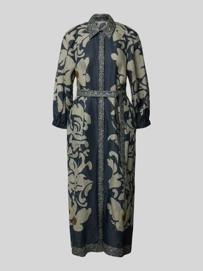Produktfoto, Hemdblusenkleid mit Bindegürtel von Luisa Cerano in Dunkelblau mit beigem Floral-Muster, taillierter Schnitt, Midikleid, Hemdblusenkragen, verdeckte Knopfleiste, Raglanärmel, Rückenlänge 129 cm, Brustweite 55 cm, Ärmellänge 53 cm