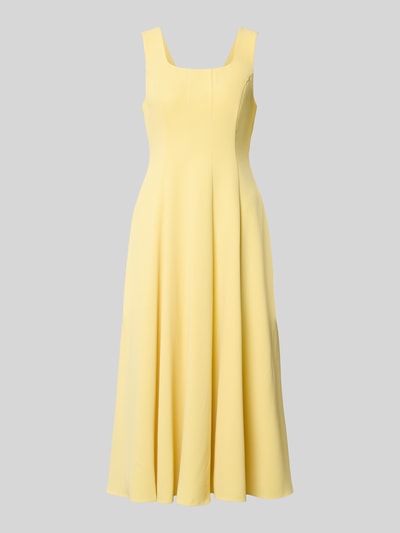 Produktfoto, gelbes Midikleid mit Rundhalsausschnitt, A-Linie, breite Träger, rückseitiger Reißverschluss, Modell 'ARLOTT' von Ted Baker, Rückenlänge bei Größe 36: 107 cm, Brustweite: 44 cm