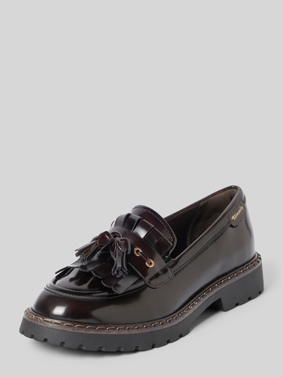 Productfoto, donkerbruine loafers met labelprint, glanzende leerlook, profielzool, Loafer met Label-Print van Tamaris, Dames