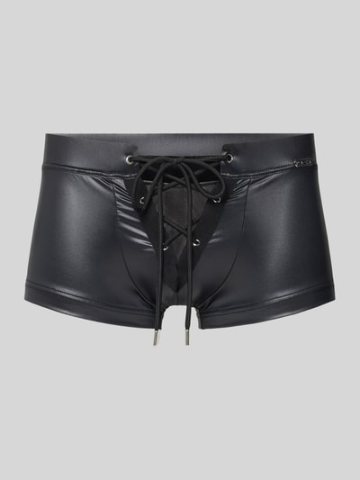 Produktfoto, schwarze Slim Fit Boxershorts mit Schnürverschluss Modell 'Night' von WOH, Leder-Optik, Elastischer-Material-Mix, Logo-Applikation