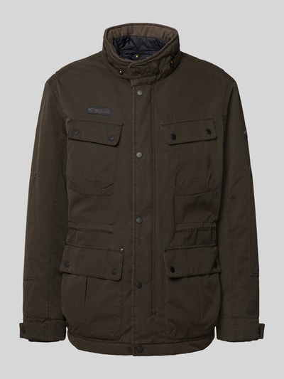 Produktfoto, Jacke mit Stehkragen und Pattentaschen von camel active, Regular Fit in Dunkelbraun mit Knopfleiste und aufgesetzten Taschen