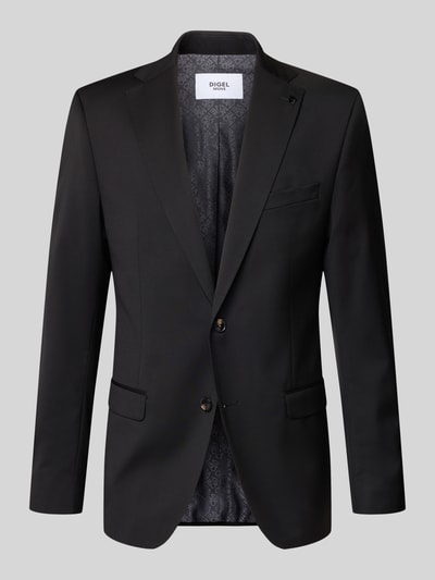 Produktfoto, schwarzes Slim Fit 2-Knopf-Sakko mit Pattentaschen Modell 'Move Alesso' von DIGEL aus Schurwoll-Elasthan-Mix, Reverskragen, Rückenlänge 74 cm, Schulterbreite 46 cm, Ärmellänge 67 cm bei Größe 50