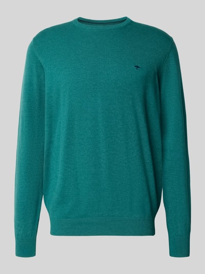 Produktfoto, Strickpullover aus reiner Baumwolle mit Logo-Stickerei von Fynch-Hatton in Türkis, Regular Fit, Rundhalsausschnitt, Strick-Optik