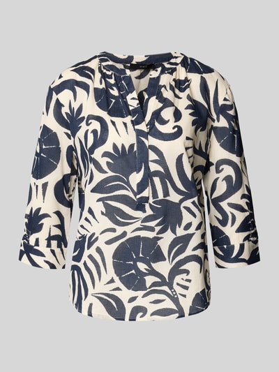 Produktfoto, Bluse mit Tunikakragen und 3/4-Arm von Oui, biała bawełna z granatowym, roślinnym wzorem, prosty krój, zaokrąglony dół, długość tyłu 60 cm, długość rękawa 42 cm