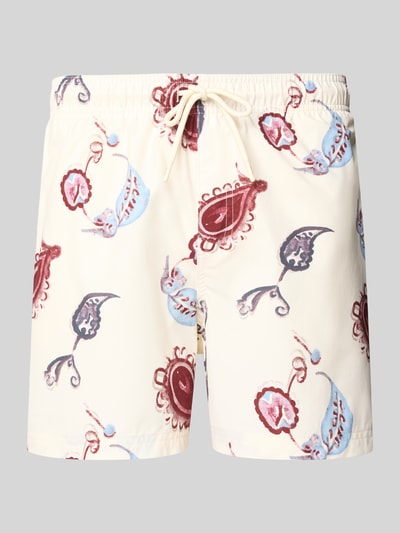 Produktfoto, Regular Fit Badeshorts mit Allover-Animal-Print Modell 'Maui' von Jack & Jones, cremefarben mit roten und blauen Mustern, elastischer Bund mit Tunnelzug.