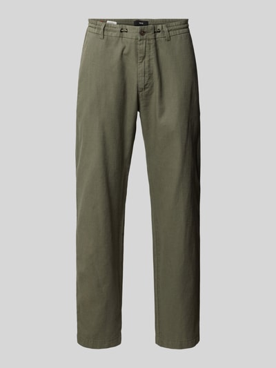 Produktfoto, Hose aus Leinen-Baumwoll-Mix mit Tunnelzug von CINQUE in Olivgrün, Regular-Fit, sichtbare Eingrifftaschen, Modell 'Juli'.