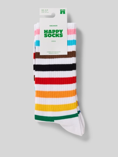 Produktfoto, farbenfrohe Socken aus Baumwoll-Mix Modell 'PRIDE' von Happy Socks mit Ripp-Optik und elastischem Rippenbündchen auf grauem Hintergrund