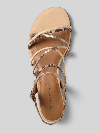 Produktfoto, Sandalen mit Strasssteinbesatz von Tamaris in Beige und Braun, strukturierte Sohle, flache Absatzform, unifarbene Optik