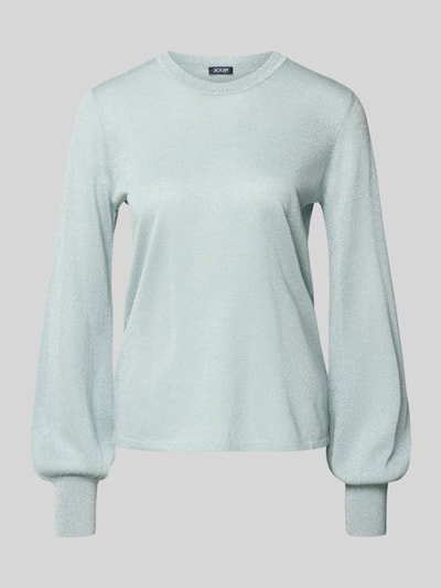 Produktfoto, Regular Fit Pullover aus Viskose-Mix Modell 'Karta' von JOOP! in zartem Mint mit Glitzer-Optik, elastische Ärmelabschlüsse, Trompetenärmel, Rundhalsausschnitt. Damen Pullover, Rückenlänge 60 cm, Ärmellänge 65 cm.