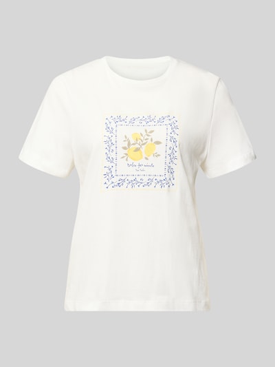 Produktfoto, Regular Fit T-Shirt aus reiner Baumwolle von Tom Tailor, Damen T-Shirt in Optik: Unifarben mit Motiv-Print, Rundhals, Kurzarm, weiße glatte Oberfläche, Print in Gelb und Blau, Material: Reine Baumwolle