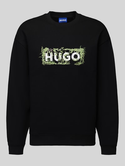 Produktfoto, czarna bluza Relaxed Fit Sweatshirt aus reiner Baumwolle Model 'Niviocrew' von HUGO, nadruk z logo, kwiatowy wzór, dzianina dresowa, bawełna
