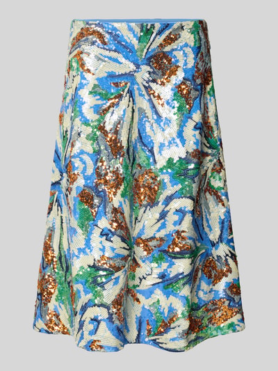 Produktfoto, Midirock mit Allover-Pailettenbesatz von Rabanne, florales Design in Blau, Weiß, Braun und Grün, leichte A-Linie, strukturierte Oberfläche, Allover-Stitching, Nahtreißverschluss, Länge 70 cm, Bundweite 40 cm