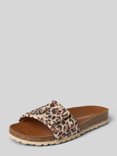 Produktfoto, Slides aus Leder mit Dornschließe Modell 'REIKO' von Verbenas, abgerundete Form, strukturierte Sohle, Absatzhöhe 3 cm, beige-braune Farben, Leopardenmuster