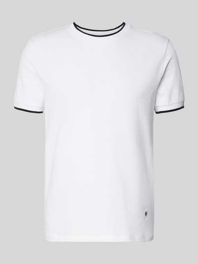 Produktfoto, T-Shirt mit Rundhalsausschnitt und Kontraststreifen von Manuel Ritz aus weißem Baumwoll-Elasthan-Mix, Slim Fit, für Herren