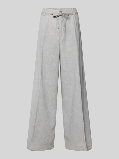 Produktfoto, Wide Fit Stoffhose mit Bügelfalten Modell 'Livia' von Angels aus reiner Baumwolle, Eingriffstaschen, Knopf-Reißverschluss, hellgraue Farbe, glatte Textur, Bundweite 41 cm, Innenbeinlänge 88 cm, Damen