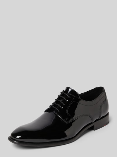 Produktfoto, Derby-Schuhe aus echtem Leder Modell 'LENO' von Lloyd, czarny kolor, połyskujący design, zaokrąglony kształt, gładka podeszwa, sznurowanie, wysokość obcasa w rozmiarze 44: 3 cm, wysokość cholewki w rozmiarze 44: 7 cm, szerokość w rozmiarze 44: 7 cm