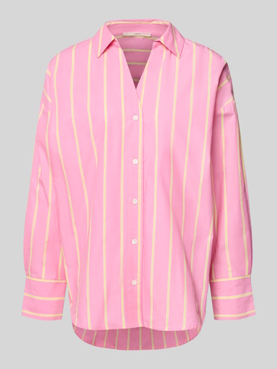 Produktfoto, Relaxed Fit Hemdbluse mit V-Ausschnitt von Lanius in Rosa mit gelben Streifen, reine Baumwolle, Knopfleiste, Struktur glatt.
