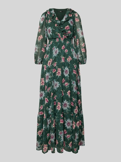 Produktfoto, Maxikleid mit Volantsaum und V-Ausschnitt von Zero in Grün mit Blumenmuster, taillierter Schnitt, Rüschen, Smok-Detail, elastische Ärmelabschlüsse, blickdichtes Unterkleid, Rückenlänge 140 cm, Brustweite 40 cm, Ärmellänge 58 cm.