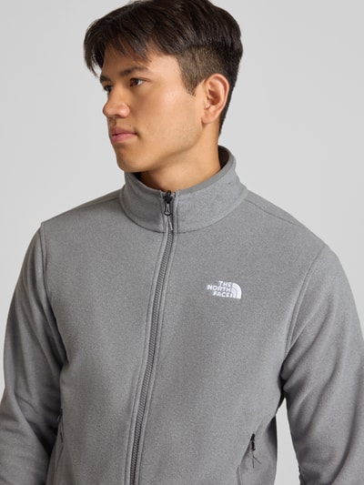Männermodel trägt Fleecejacke mit Label-Stitching Modell 'GLACI' von The North Face in Grau, Regular Fit, Nahaufnahme Oberkörper. Rückenlänge und Ärmellänge bei Größe M 69 cm, Reißverschlüsse sichtbar.