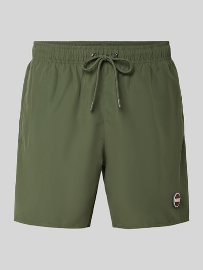 Produktfoto, Badehose mit elastischem Bund Modell 'Solid' von Colmar Originals in Olivgrün, Gerade Passform, Tunnelzug, Label-Detail