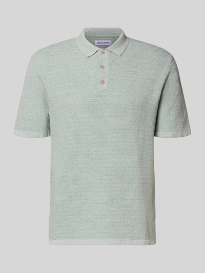 Produktfoto, Regular Fit Poloshirt mit Strukturmuster Modell 'GEORGE' von Jack & Jones aus Baumwoll-Mix in sanftem Grün, Knopfleiste, Rückenlänge Größe M 67 cm