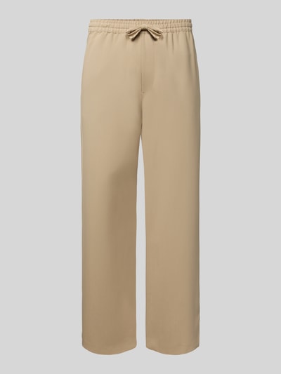 Produktfoto, Straight Fit Stoffhose mit Viskose-Anteil von REVIEW, beige Farbe, elastischer Bund mit Tunnelzug, glatte Textur, Gesäßtasche, klassischer Schnitt.