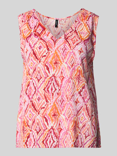 Produktfoto, Loose Fit Top aus reiner Viskose Modell 'EASY JOY' von Vero Moda, efekt: wzór na całej powierzchni, dekolt w serek, krój loose fit, bez rękawów, materiał: wiskoza, kolor różowy, pomarańczowy, biały, wyraźna tekstura.