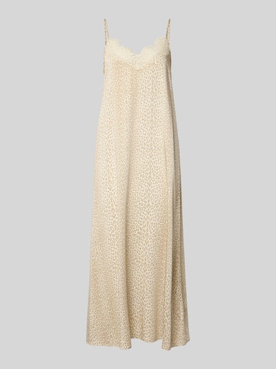 Produktfoto, Midikleid aus Viskose-Elasthan-Mix Modell 'Alma' von OH APRIL in Beige mit Spitzenbesatz, A-Linie, Herzausschnitt, Spaghettiträger.