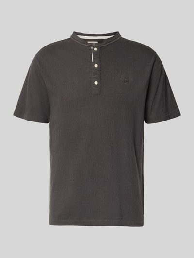 Produktfoto, T-Shirt mit kurzer Knopfleiste von Superdry aus Baumwoll-Mix mit Leinen-Anteil, Regular Fit, Polokragen, graue Farbe, Logo-Stitching