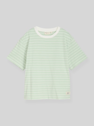 Produktfoto, Relaxed Fit T-Shirt aus reiner Baumwolle von Tom Tailor Denim, Optik:Allover-Muster, gestreift, Logo-Patch, Rundhals, Kurzarm, Jersey, mintfarben mit weißen Streifen